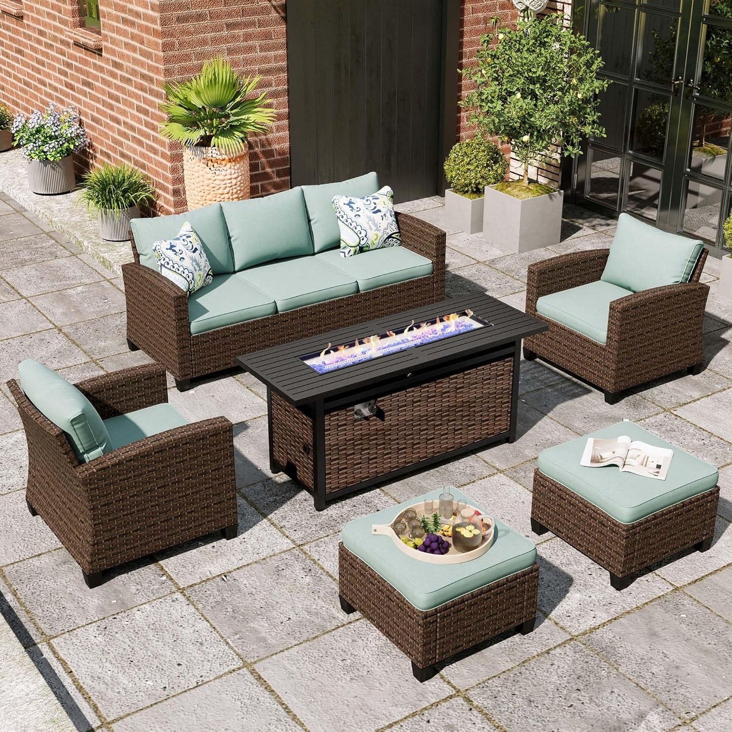 Swivel Glider Patio Furniture Set, 8 Pcs Wicker Rattan Outdoor Conversation Set, 2 x Swivel Chairs, 2 x Leg Chairs, 1 x 3 Seater Sofa and 2 x Ottomans and 56" Fire Pit Table, Blue