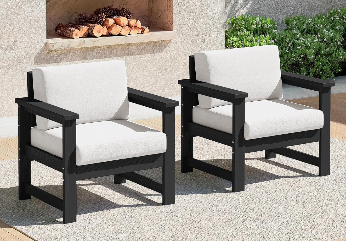 SERWALL 8 Pieces HDPE Outdoor Conversation Sofa Set with Cushions, All Weather Use Patio Couch Loveseat Furniture with Side Table for Balcony, Deck, Poolside, Black Frame with Khaki Cushions