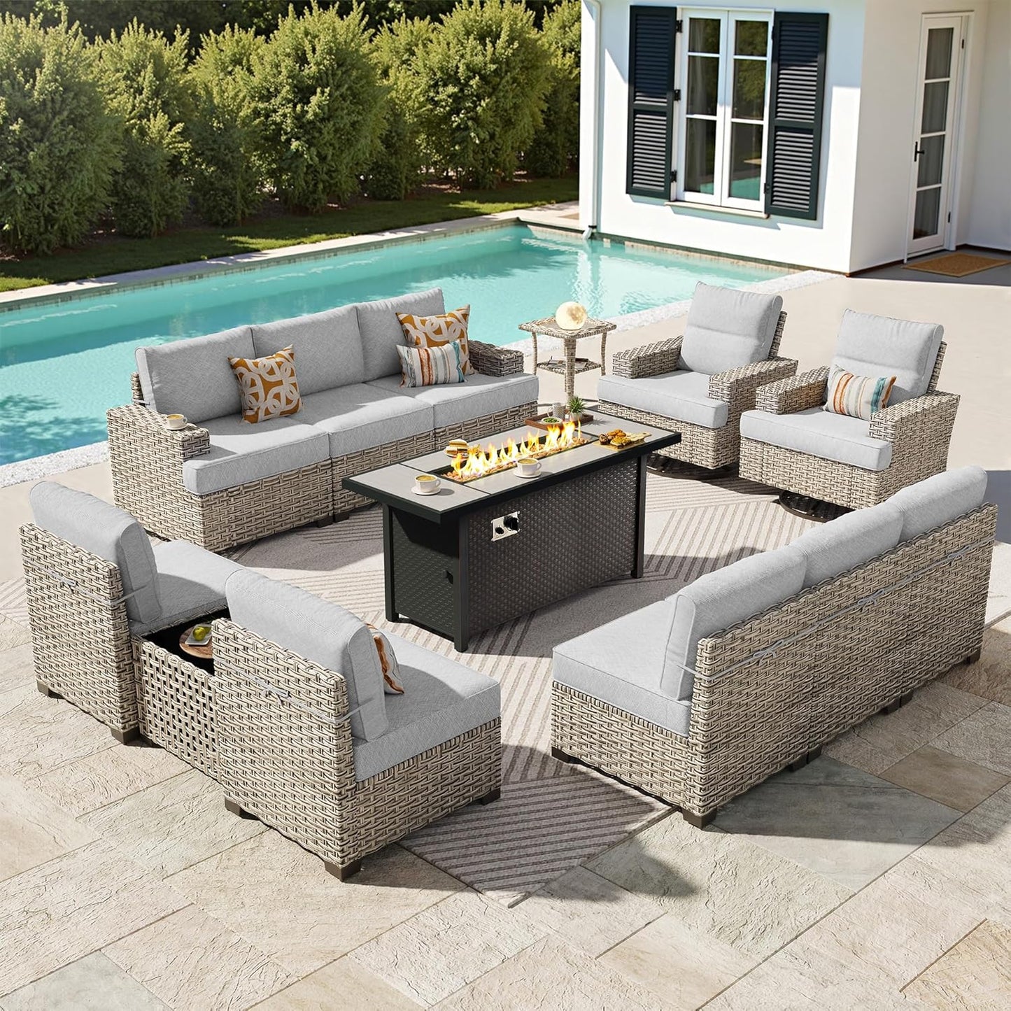 15-Piece Outdoor Sectional Sofa Set w/ 54" Fire Pit – L-Shaped Wicker Patio Furniture, Deep Seating & Swivel Rockers, Black