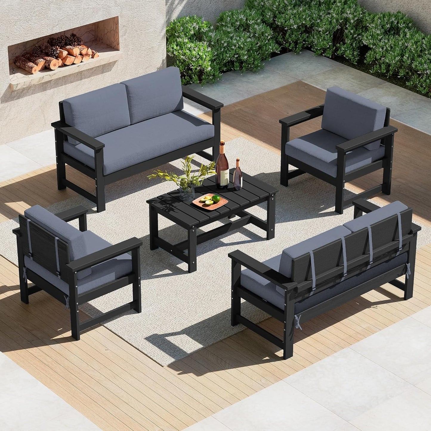 SERWALL 8 Pieces HDPE Outdoor Conversation Sofa Set with Cushions, All Weather Use Patio Couch Loveseat Furniture with Side Table for Balcony, Deck, Poolside, Black Frame with Khaki Cushions