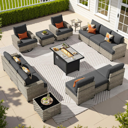 15-Piece Outdoor Sectional Sofa Set w/ 43" Fire Pit – L-Shaped Wicker Patio Furniture, Deep Seating & Swivel Rockers, Black
