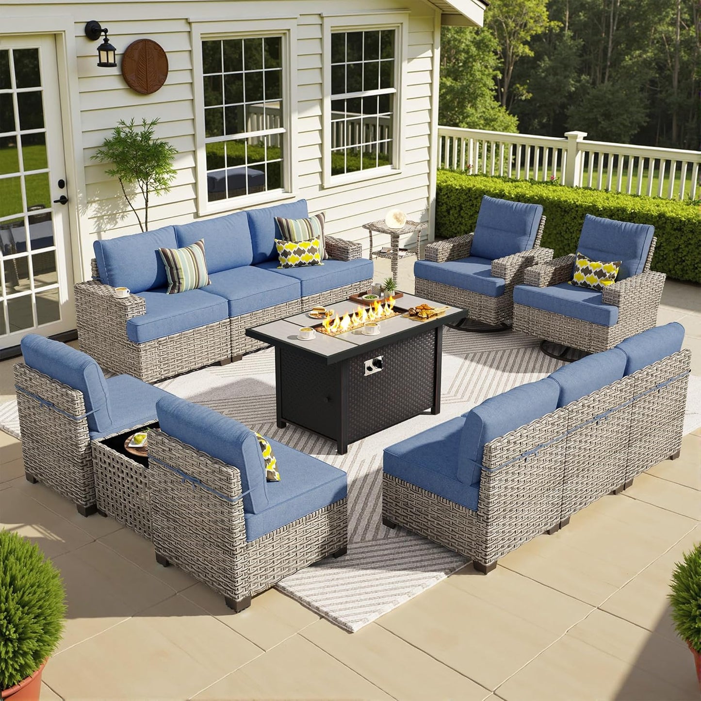 15-Piece Outdoor Sectional Sofa Set w/ 54" Fire Pit – L-Shaped Wicker Patio Furniture, Deep Seating & Swivel Rockers, Black