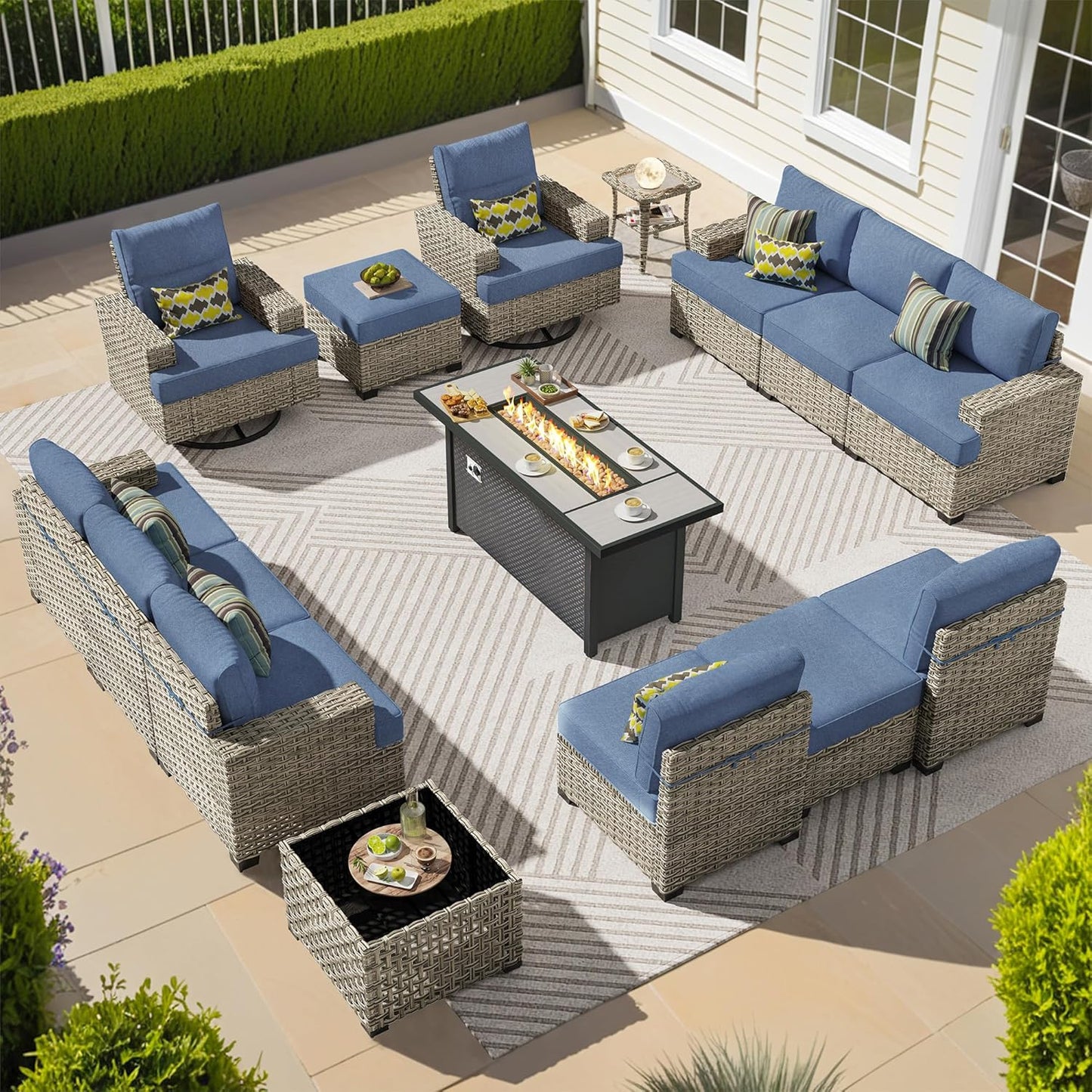 15-Piece Outdoor Sectional Sofa Set w/ 54" Fire Pit – L-Shaped Wicker Patio Furniture, Deep Seating & Swivel Rockers, Black