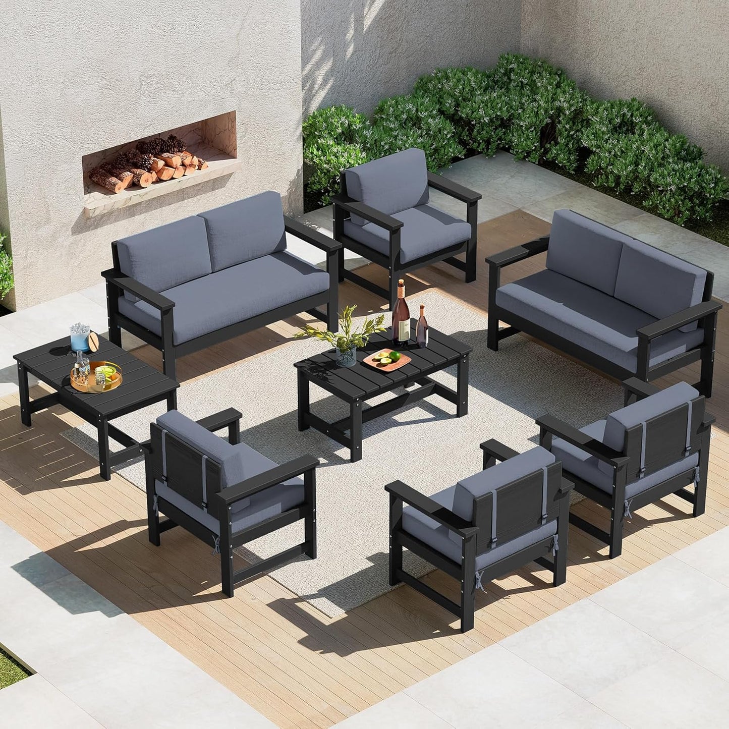 SERWALL 8 Pieces HDPE Outdoor Conversation Sofa Set with Cushions, All Weather Use Patio Couch Loveseat Furniture with Side Table for Balcony, Deck, Poolside, Black Frame with Khaki Cushions