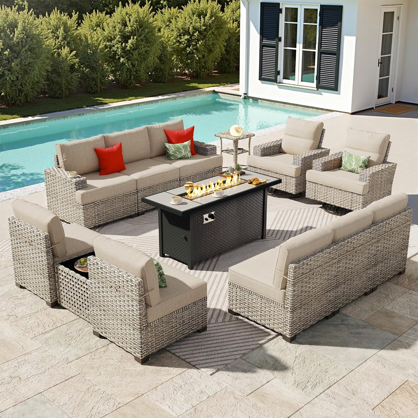 15-Piece Outdoor Sectional Sofa Set w/ 54" Fire Pit – L-Shaped Wicker Patio Furniture, Deep Seating & Swivel Rockers, Black