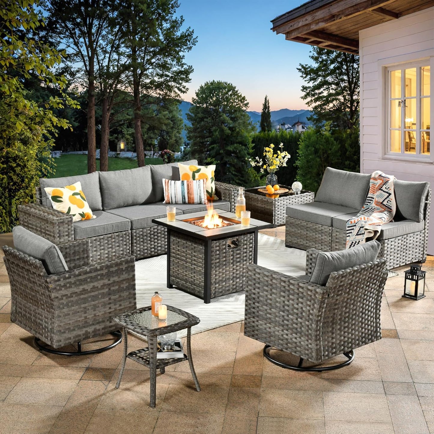 ovios 16 Pieces Patio Furniture Set, Outdoor Wicker Sectional Sofa with 54" Fire Pit Table Swivel Chairs, Modern Modular Deep Seat Rattan Couch Conversation Sets, Beige