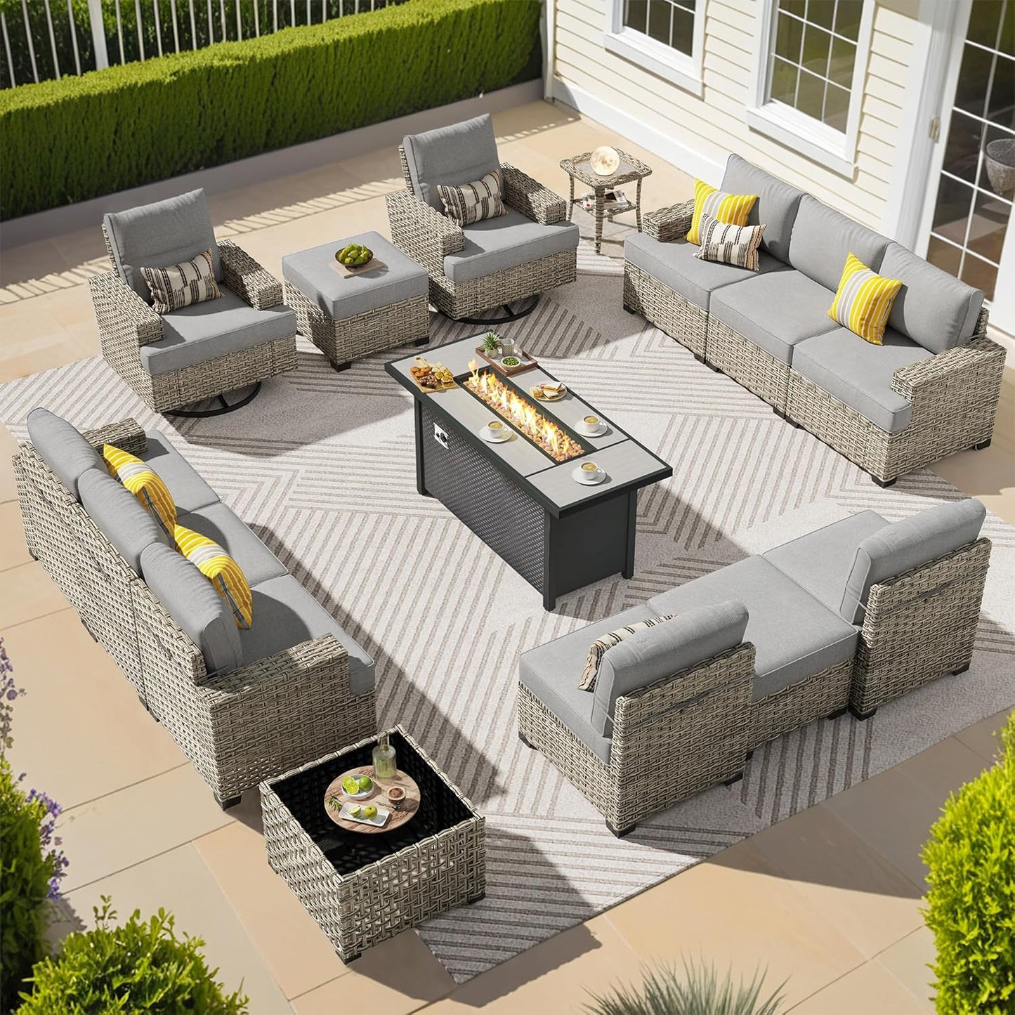 15-Piece Outdoor Sectional Sofa Set w/ 54" Fire Pit – L-Shaped Wicker Patio Furniture, Deep Seating & Swivel Rockers, Black
