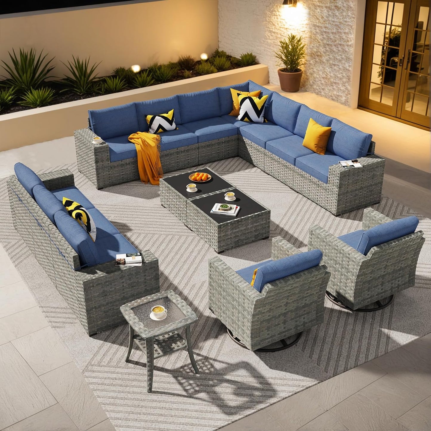 ovios 16 Pieces Patio Furniture Set, Outdoor Wicker Sectional Sofa with 54" Fire Pit Table Swivel Chairs, Modern Modular Deep Seat Rattan Couch Conversation Sets, Beige