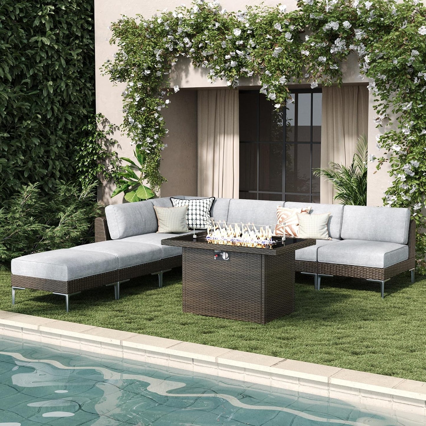 LayinSun 10-Piece Outdoor Modular Wicker Sectional Sofa with Fire Pit Table, Patio Furniture Conversation Set with Deep Seating and Thick Cushions