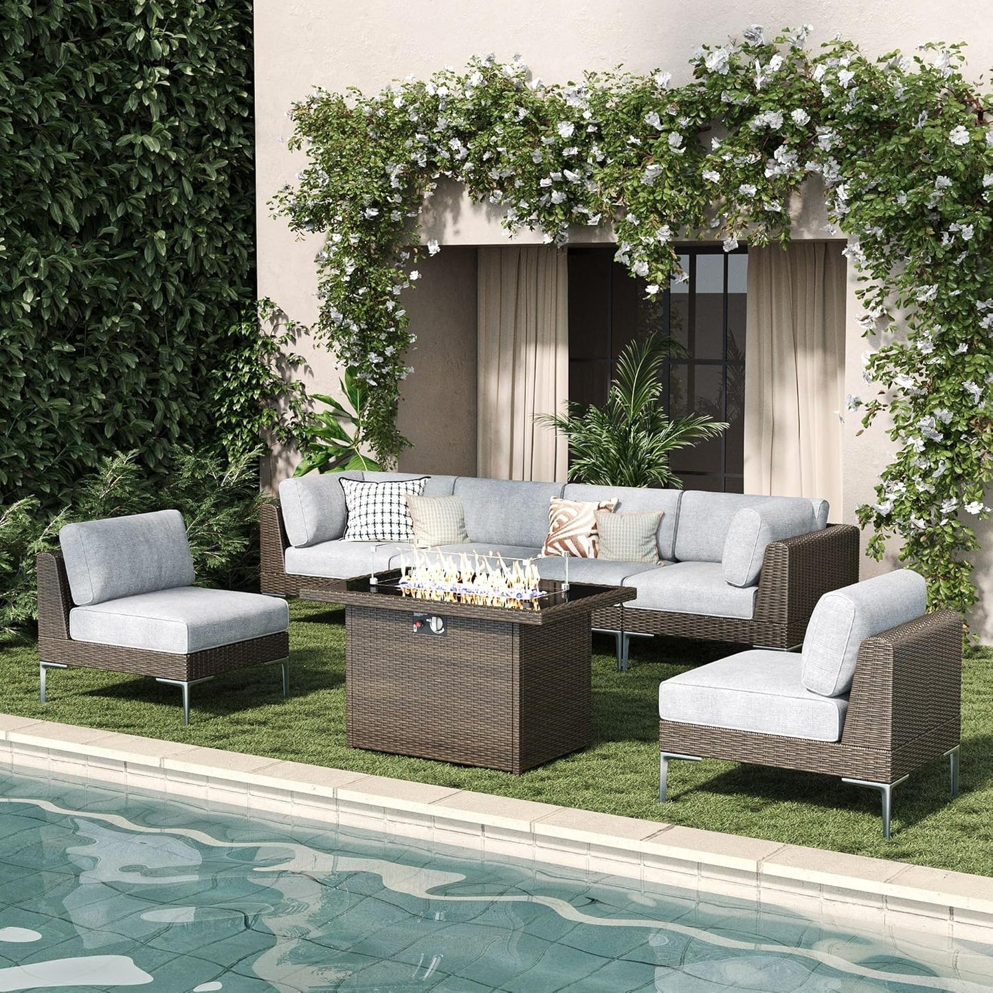 LayinSun 10-Piece Outdoor Modular Wicker Sectional Sofa with Fire Pit Table, Patio Furniture Conversation Set with Deep Seating and Thick Cushions