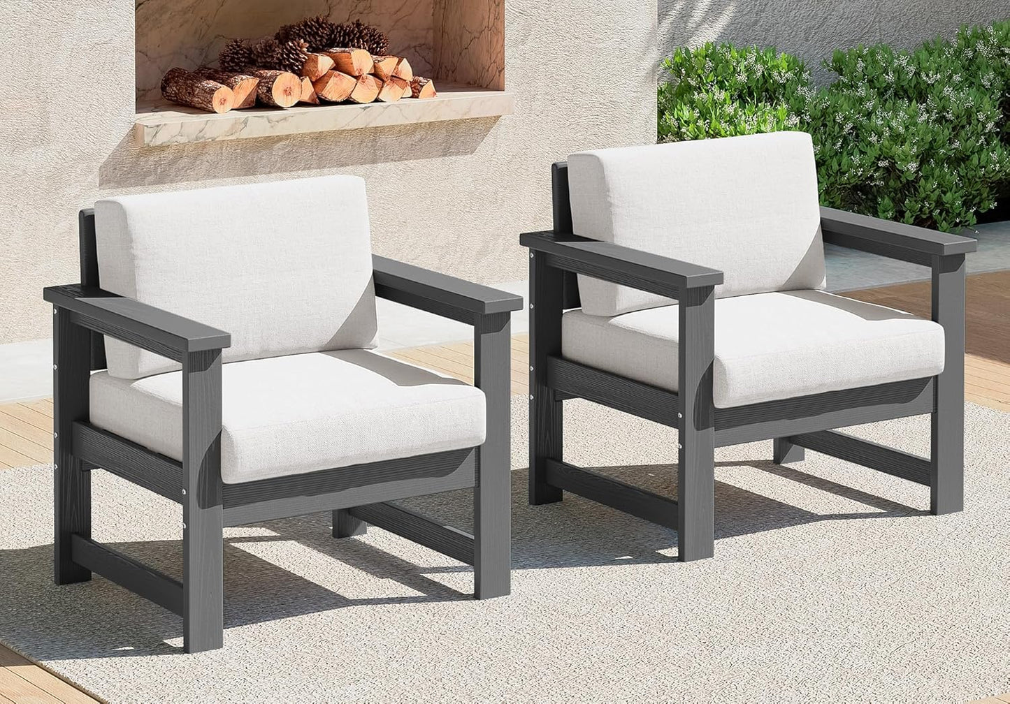 SERWALL 8 Pieces HDPE Outdoor Conversation Sofa Set with Cushions, All Weather Use Patio Couch Loveseat Furniture with Side Table for Balcony, Deck, Poolside, Black Frame with Khaki Cushions