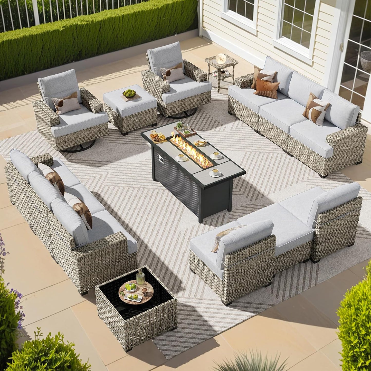 15-Piece Outdoor Sectional Sofa Set w/ 54" Fire Pit – L-Shaped Wicker Patio Furniture, Deep Seating & Swivel Rockers, Black