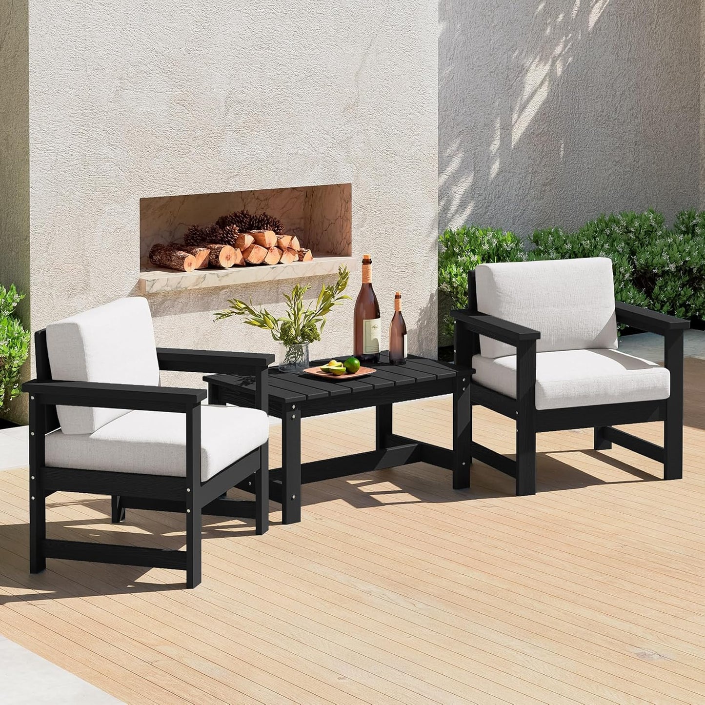 SERWALL 8 Pieces HDPE Outdoor Conversation Sofa Set with Cushions, All Weather Use Patio Couch Loveseat Furniture with Side Table for Balcony, Deck, Poolside, Black Frame with Khaki Cushions