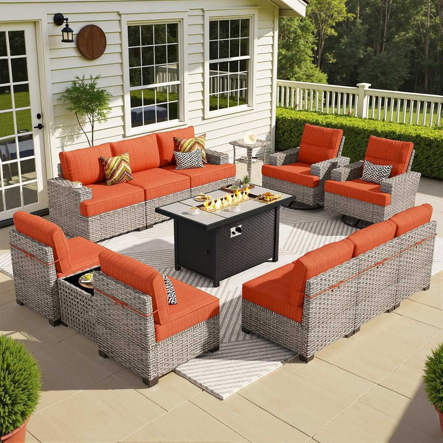 15-Piece Outdoor Sectional Sofa Set w/ 43" Fire Pit – L-Shaped Wicker Patio Furniture, Deep Seating & Swivel Rockers, Black
