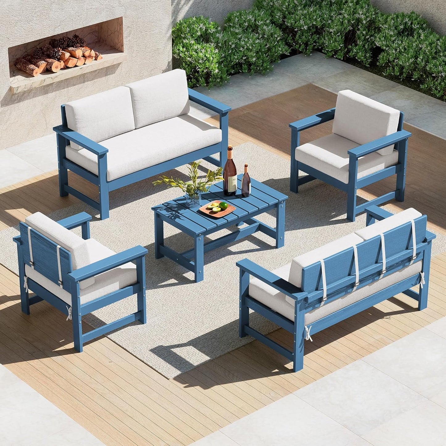 SERWALL 8 Pieces HDPE Outdoor Conversation Sofa Set with Cushions, All Weather Use Patio Couch Loveseat Furniture with Side Table for Balcony, Deck, Poolside, Black Frame with Khaki Cushions