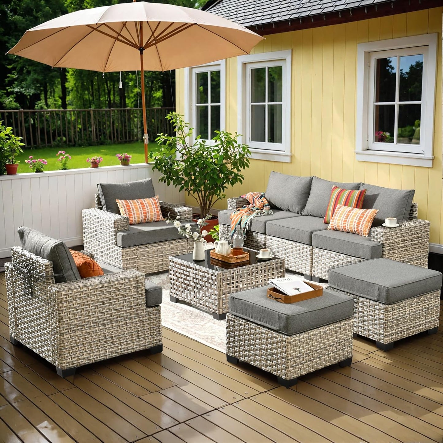 15-Piece Outdoor Sectional Sofa Set w/ 43" Fire Pit – L-Shaped Wicker Patio Furniture, Deep Seating & Swivel Rockers, Black