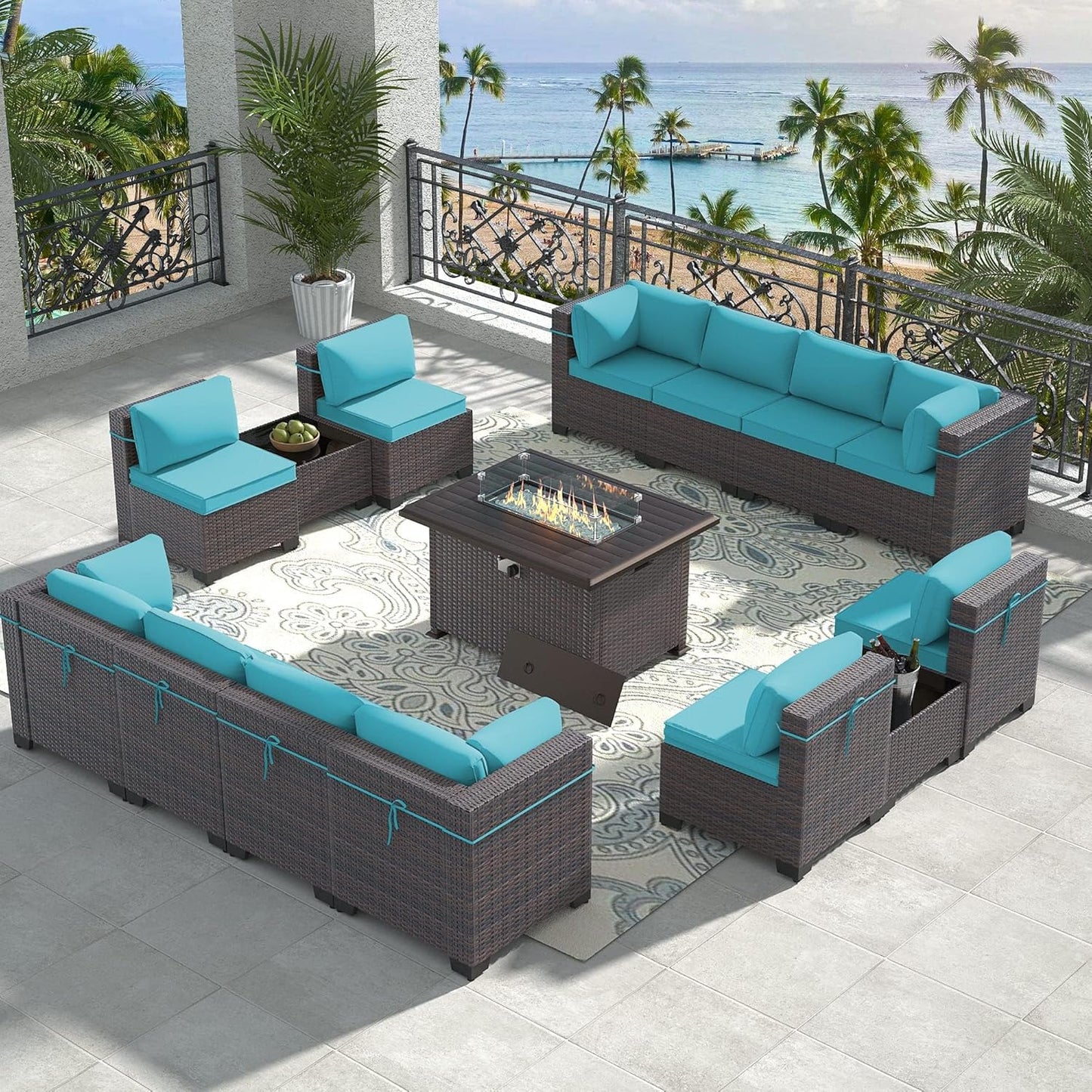 12 Pcs Outdoor Patio Furniture Set Outdoor Furniture All Weather Patio Sectional Sofa PE Wicker Modular Conversation Sets with Coffee Table, Swivel Rocking Chair (Grey)