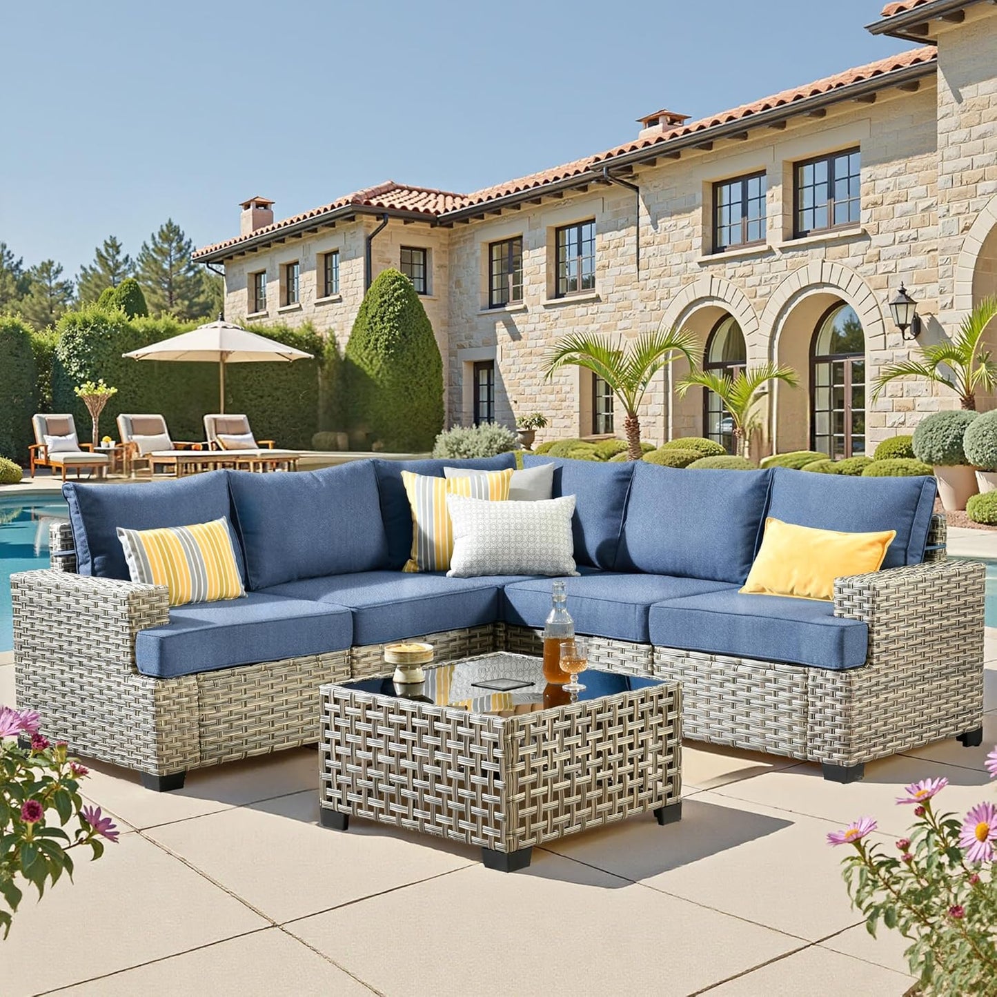 15-Piece Outdoor Sectional Sofa Set w/ 54" Fire Pit – L-Shaped Wicker Patio Furniture, Deep Seating & Swivel Rockers, Black