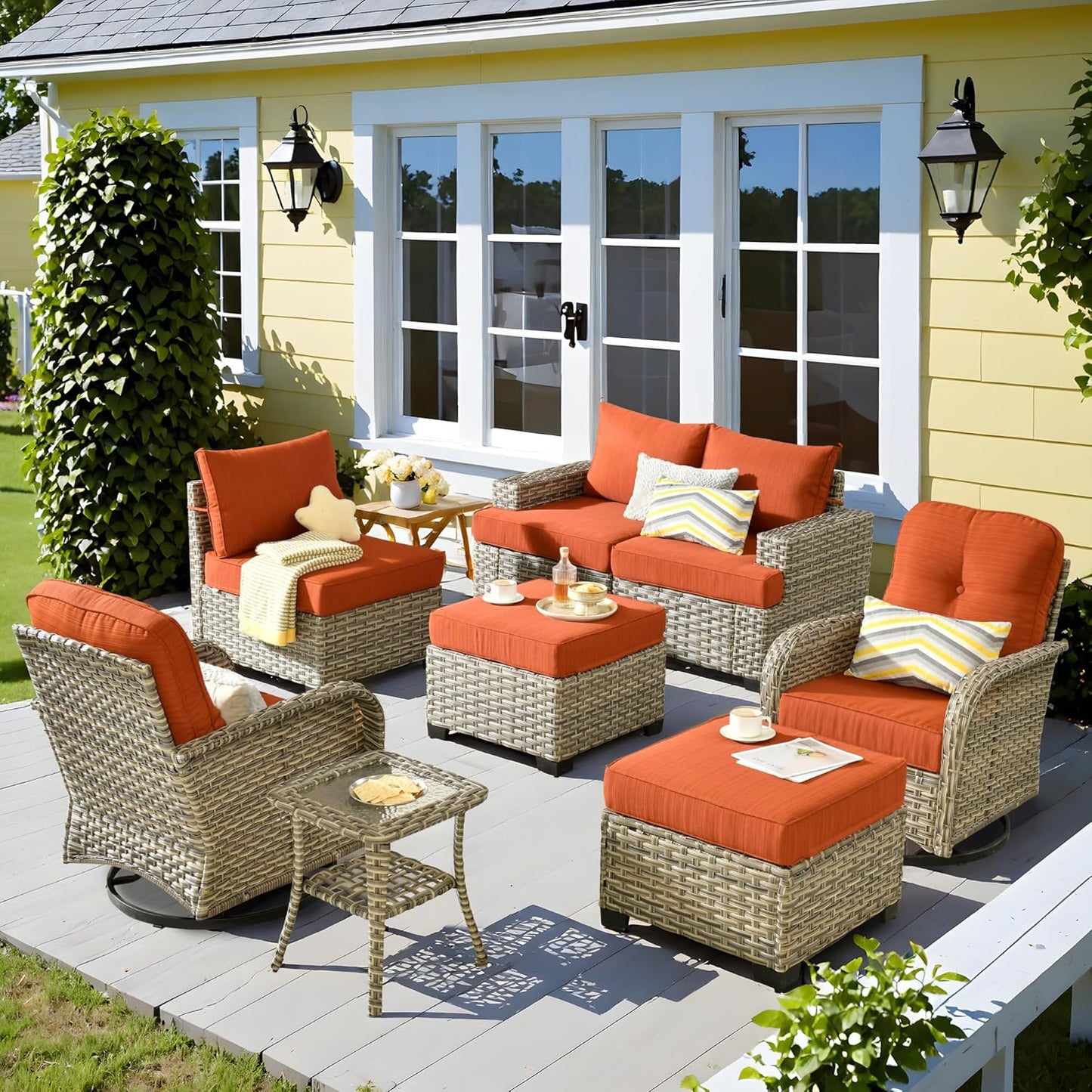 15-Piece Outdoor Sectional Sofa Set w/ 54" Fire Pit – L-Shaped Wicker Patio Furniture, Deep Seating & Swivel Rockers, Black