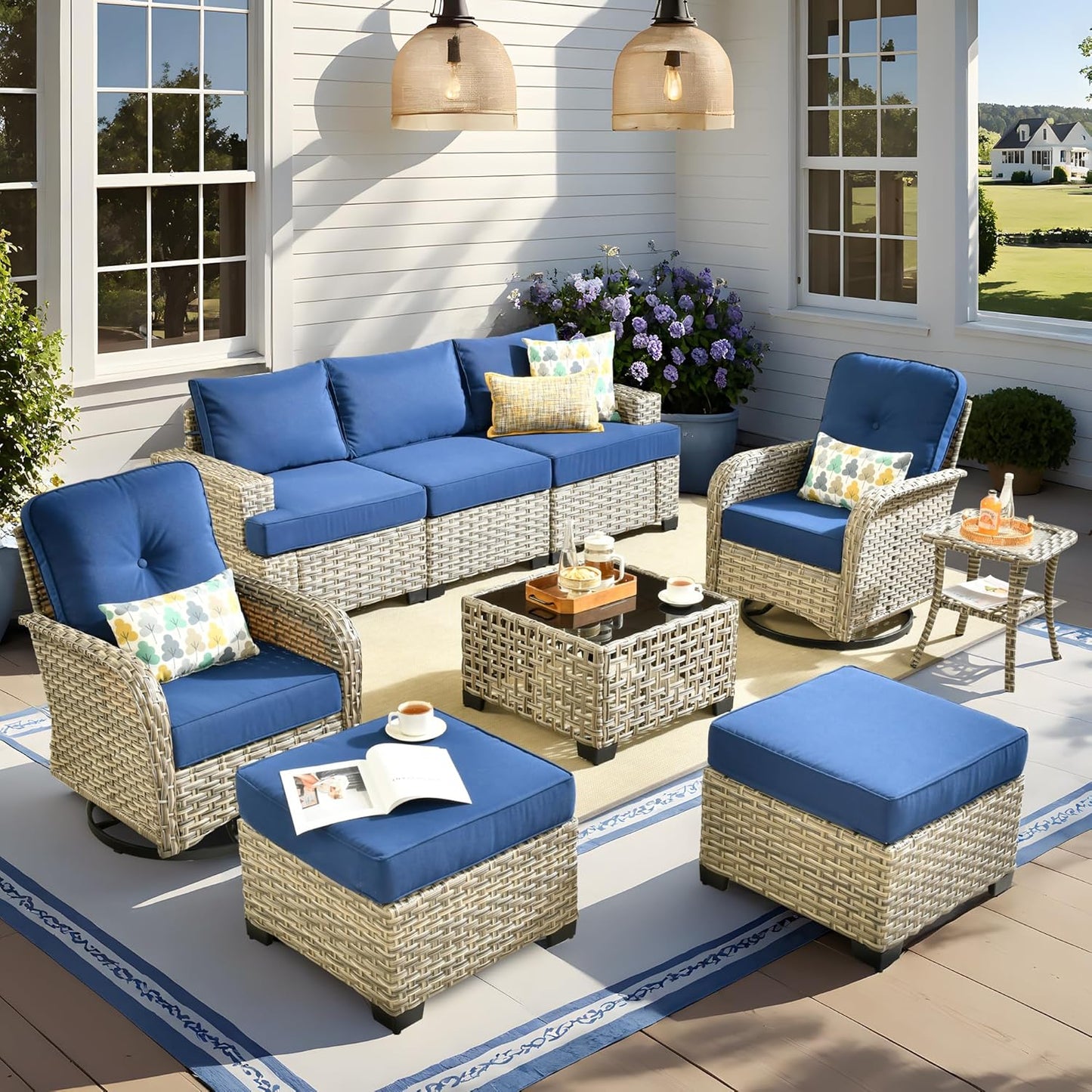15-Piece Outdoor Sectional Sofa Set w/ 54" Fire Pit – L-Shaped Wicker Patio Furniture, Deep Seating & Swivel Rockers, Black