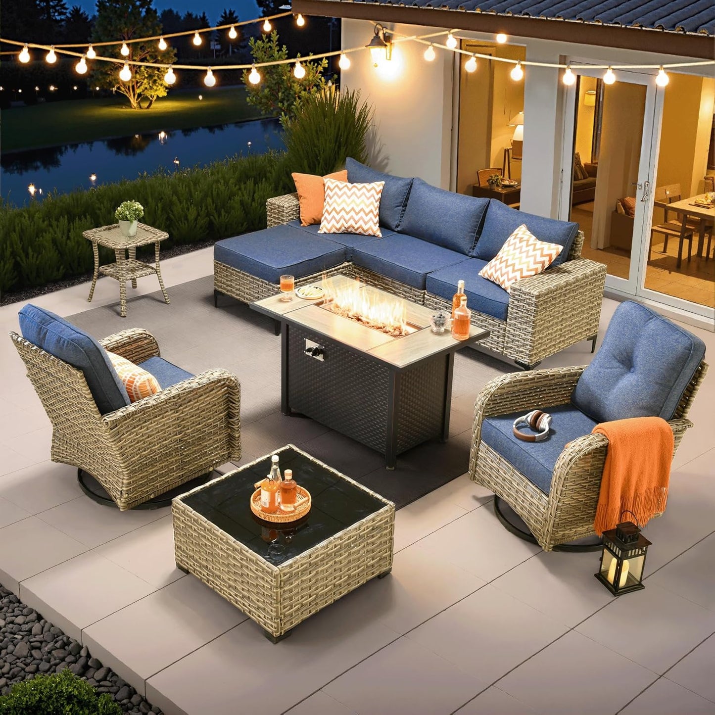 ovios 9 Pieces Patio Furniture Set Outdoor Sectional Sofa Couch with Fire Pit Table Rocking Swivel Chairs Deep Seat Chaise, Modern Modular Wicker Rattan Conversation Set, Black