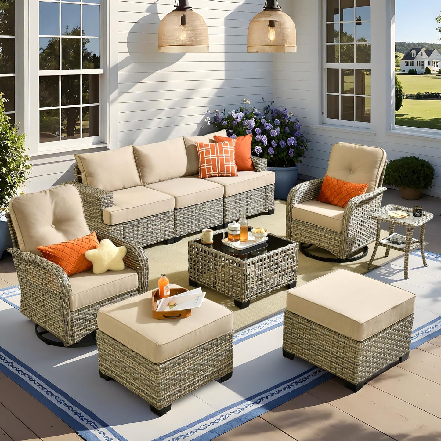 15-Piece Outdoor Sectional Sofa Set w/ 54" Fire Pit – L-Shaped Wicker Patio Furniture, Deep Seating & Swivel Rockers, Black
