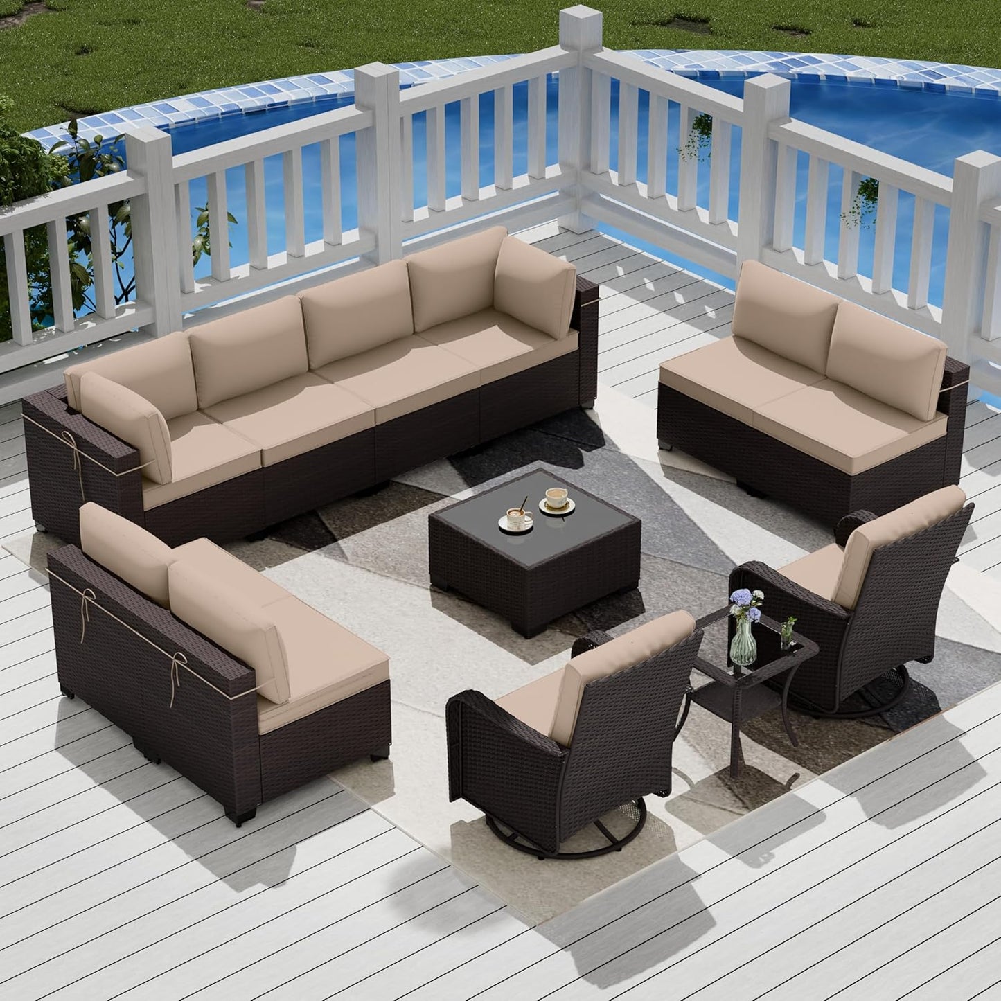 12 Pcs Outdoor Patio Furniture Set Outdoor Furniture All Weather Patio Sectional Sofa PE Wicker Modular Conversation Sets with Coffee Table, Swivel Rocking Chair (Grey)
