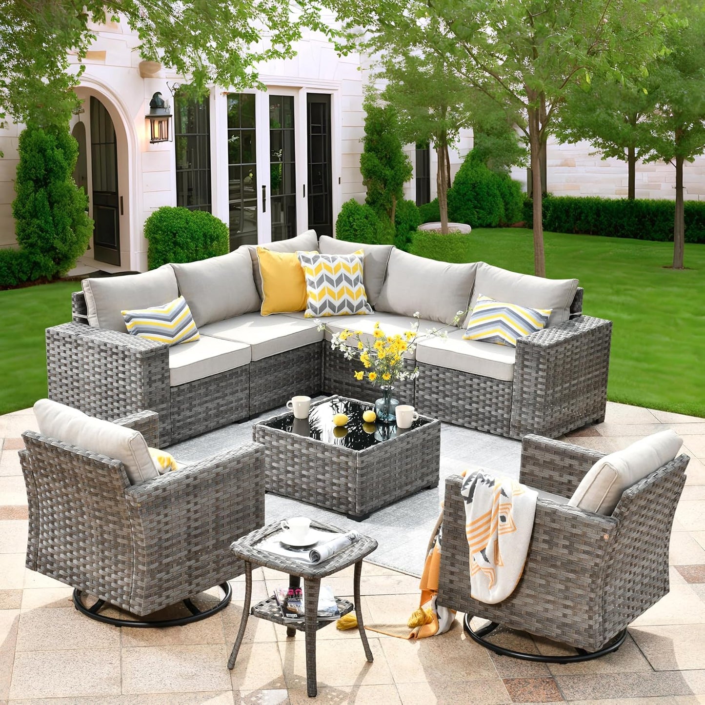 ovios 16 Pieces Patio Furniture Set, Outdoor Wicker Sectional Sofa with 54" Fire Pit Table Swivel Chairs, Modern Modular Deep Seat Rattan Couch Conversation Sets, Beige
