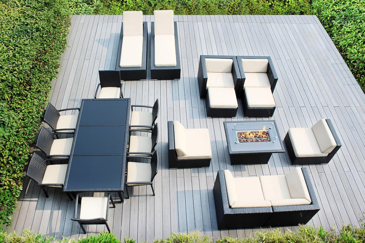 7 Piece Outdoor Patio Furniture Black Wicker Conversation Set with Fully Assembled Sectional and 42-inch Propane Gas Fire Table