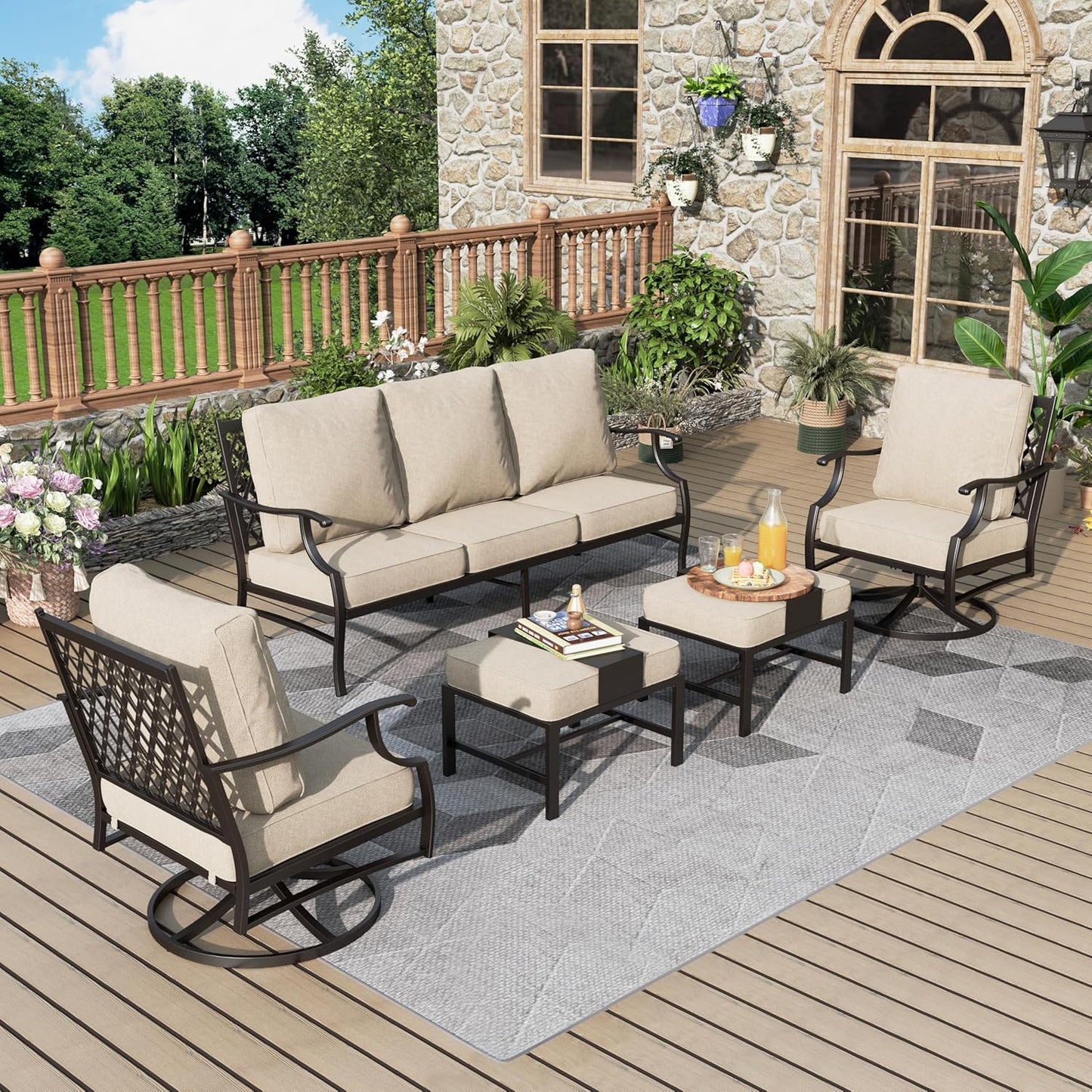 Patio Furniture Set 7 pcs, Outdoor Patio Furniture, 3-Seat Sofa, 2 Single Chairs, 2 Rocking Chairs, 2 Ottomans and 5.75" Extra Thick Cushion, Patio Conversation Set for Backyard Deck,Beige