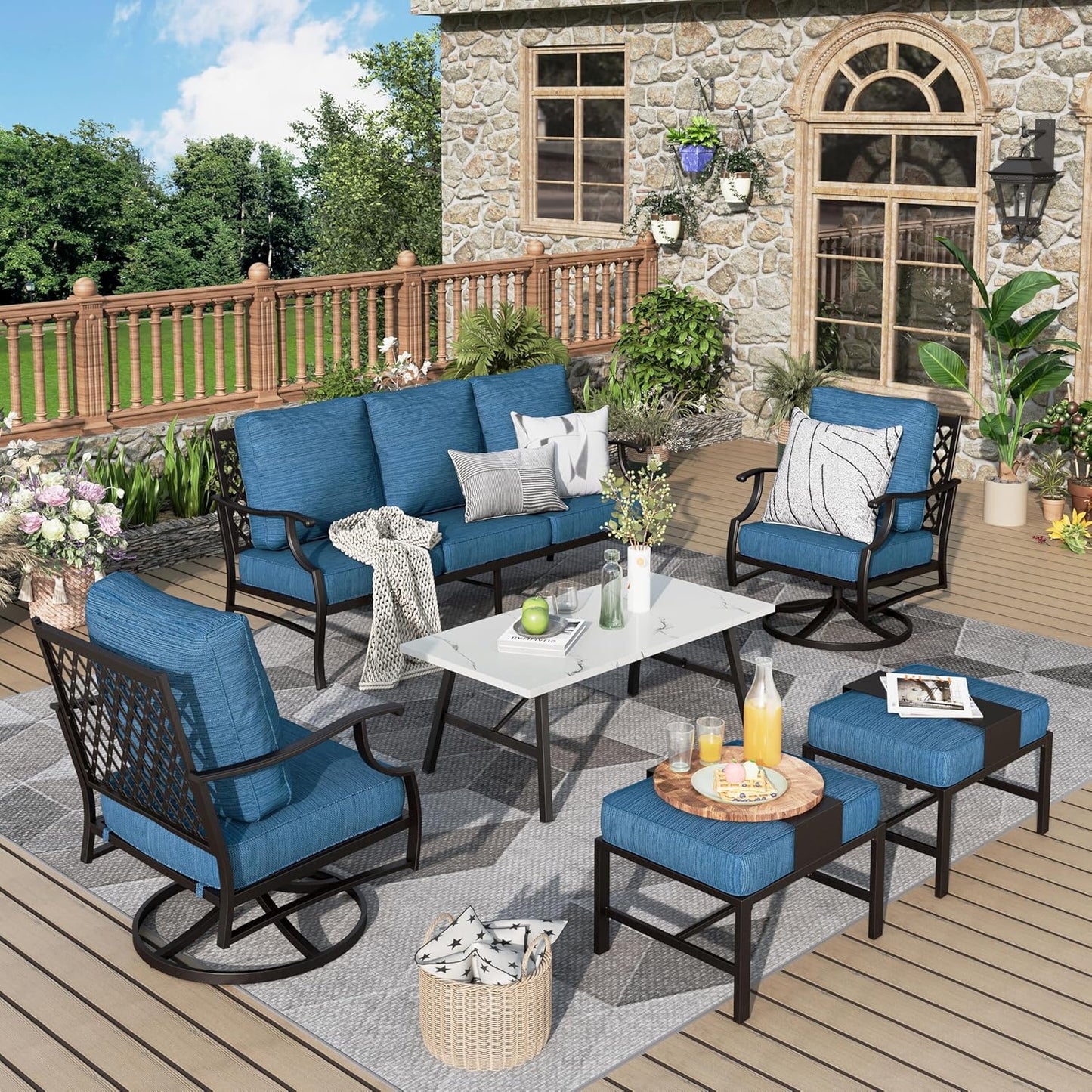 Patio Furniture Set 6 pcs, Outdoor Patio Furniture, 1 X 3-Seat Sofa, 2 X Single Chairs, 2 X Swivel Chairs, 1 X Coffee Table and 5.75" Extra Thick Cushion, Patio Conversation Set,Gemstone Blue