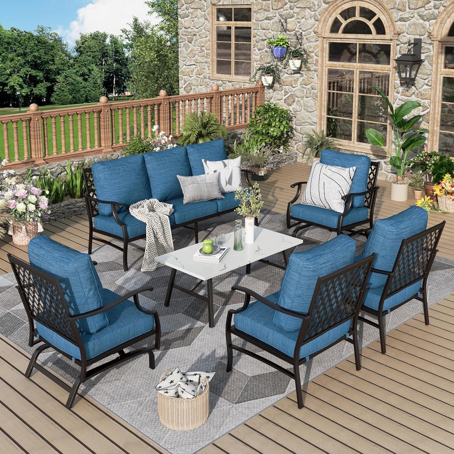 Patio Furniture Set 6 pcs, Outdoor Patio Furniture, 1 X 3-Seat Sofa, 2 X Single Chairs, 2 X Swivel Chairs, 1 X Coffee Table and 5.75" Extra Thick Cushion, Patio Conversation Set,Gemstone Blue