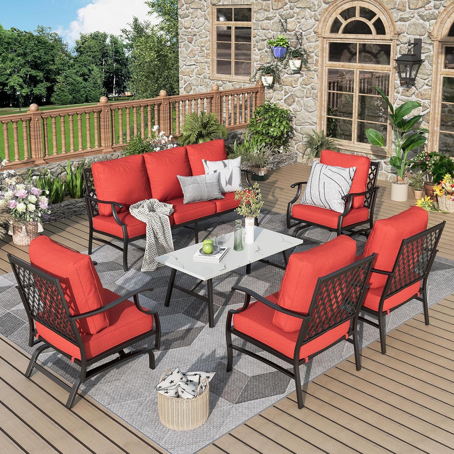 Patio Furniture Set 6 pcs, Outdoor Patio Furniture, 1 X 3-Seat Sofa, 2 X Single Chairs, 2 X Swivel Chairs, 1 X Coffee Table and 5.75" Extra Thick Cushion, Patio Conversation Set,Gemstone Blue