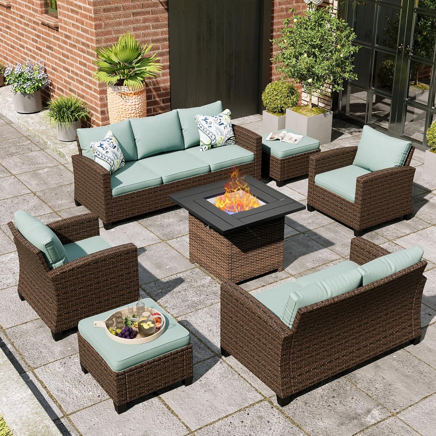 Swivel Glider Patio Furniture Set, 8 Pcs Wicker Rattan Outdoor Conversation Set, 2 x Swivel Chairs, 2 x Leg Chairs, 1 x 3 Seater Sofa and 2 x Ottomans and 56" Fire Pit Table, Blue