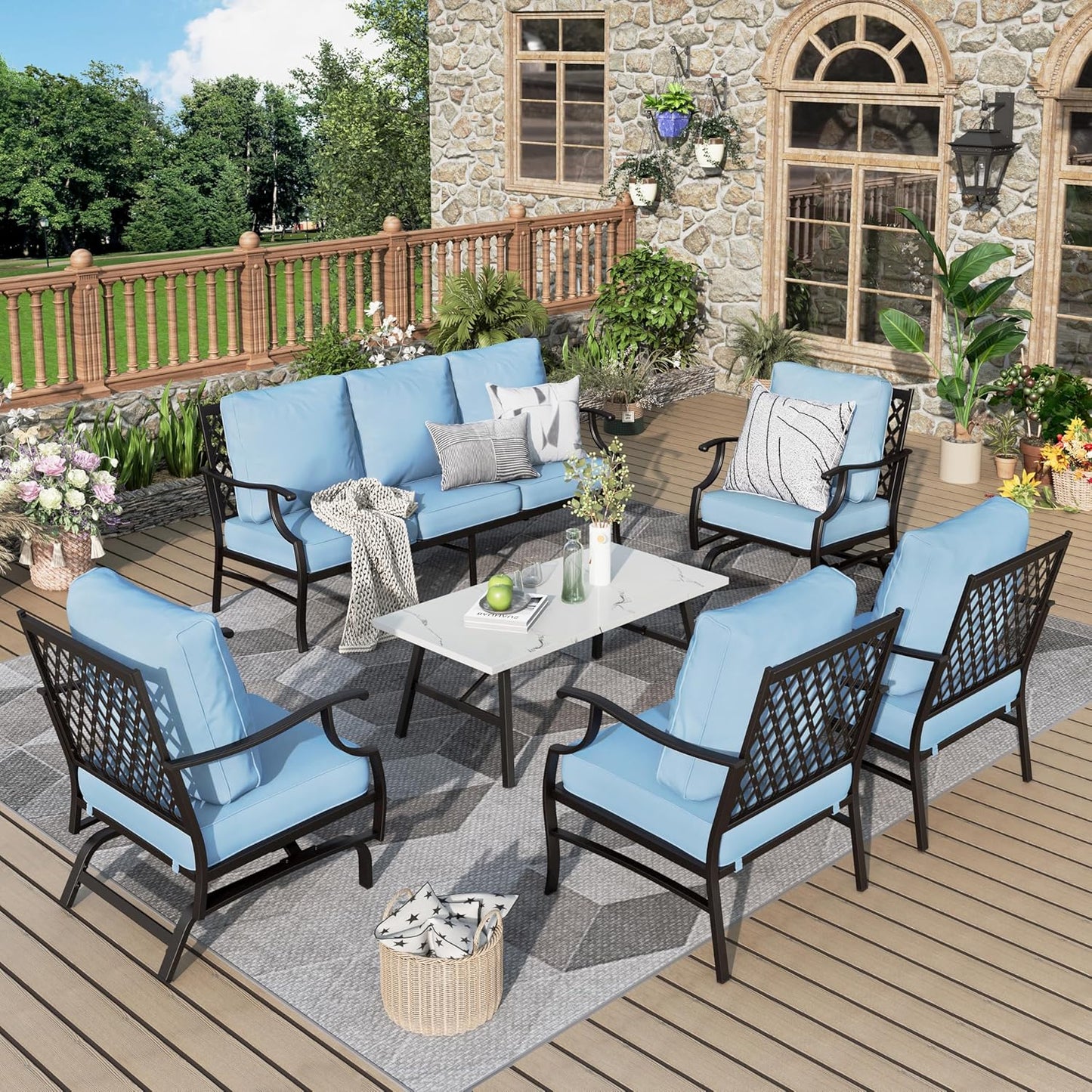 Patio Furniture Set 6 pcs, Outdoor Patio Furniture, 1 X 3-Seat Sofa, 2 X Single Chairs, 2 X Swivel Chairs, 1 X Coffee Table and 5.75" Extra Thick Cushion, Patio Conversation Set,Gemstone Blue