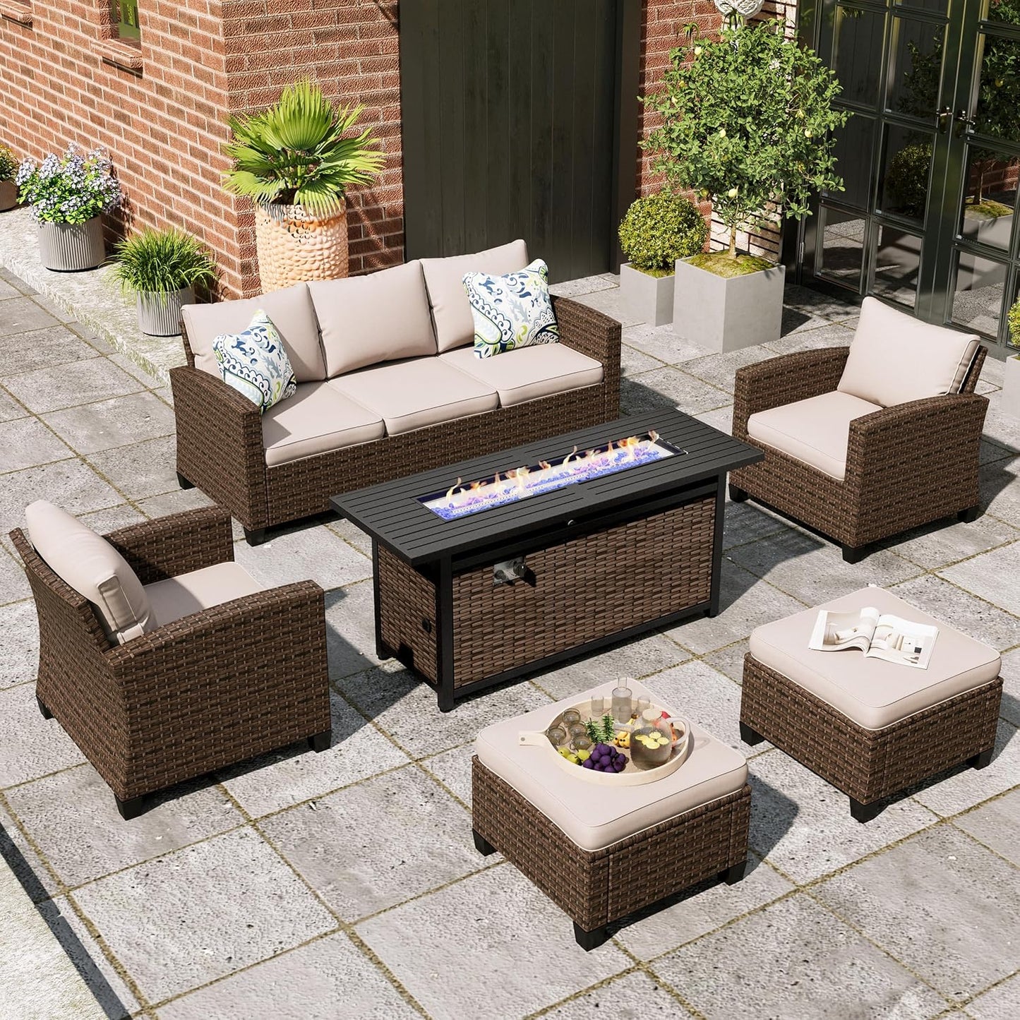 Swivel Glider Patio Furniture Set, 8 Pcs Wicker Rattan Outdoor Conversation Set, 2 x Swivel Chairs, 2 x Leg Chairs, 1 x 3 Seater Sofa and 2 x Ottomans and 56" Fire Pit Table, Blue