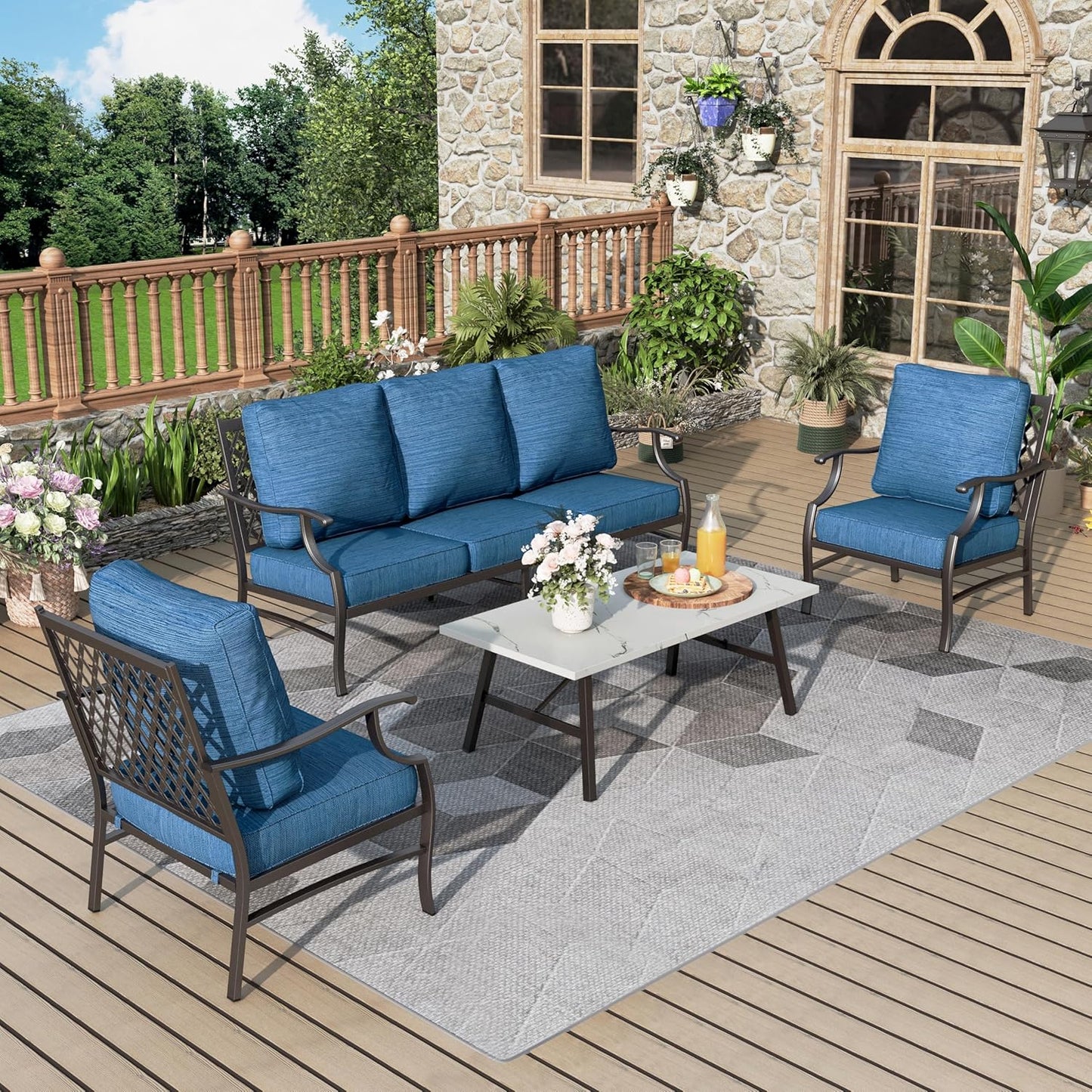 Patio Furniture Set 6 pcs, Outdoor Patio Furniture, 1 X 3-Seat Sofa, 2 X Single Chairs, 2 X Swivel Chairs, 1 X Coffee Table and 5.75" Extra Thick Cushion, Patio Conversation Set,Gemstone Blue