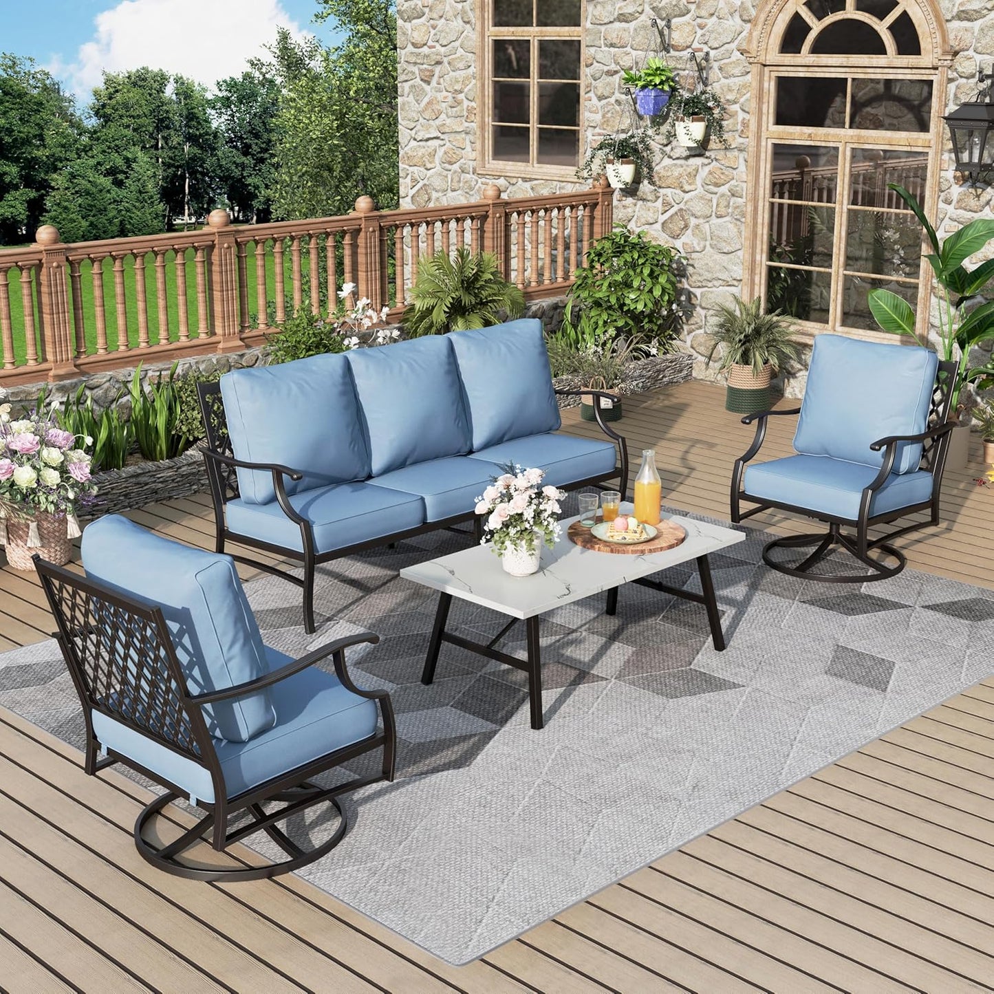 Patio Furniture Set 6 pcs, Outdoor Patio Furniture, 1 X 3-Seat Sofa, 2 X Single Chairs, 2 X Swivel Chairs, 1 X Coffee Table and 5.75" Extra Thick Cushion, Patio Conversation Set,Gemstone Blue