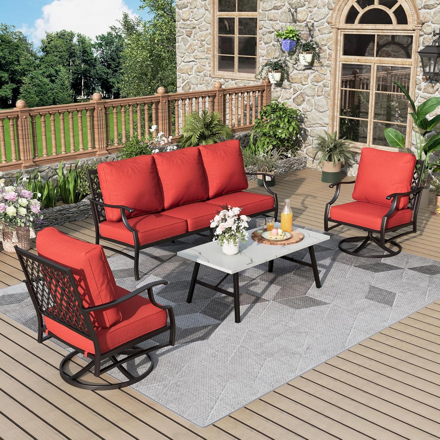 Patio Furniture Set 6 pcs, Outdoor Patio Furniture, 1 X 3-Seat Sofa, 2 X Single Chairs, 2 X Swivel Chairs, 1 X Coffee Table and 5.75" Extra Thick Cushion, Patio Conversation Set,Gemstone Blue