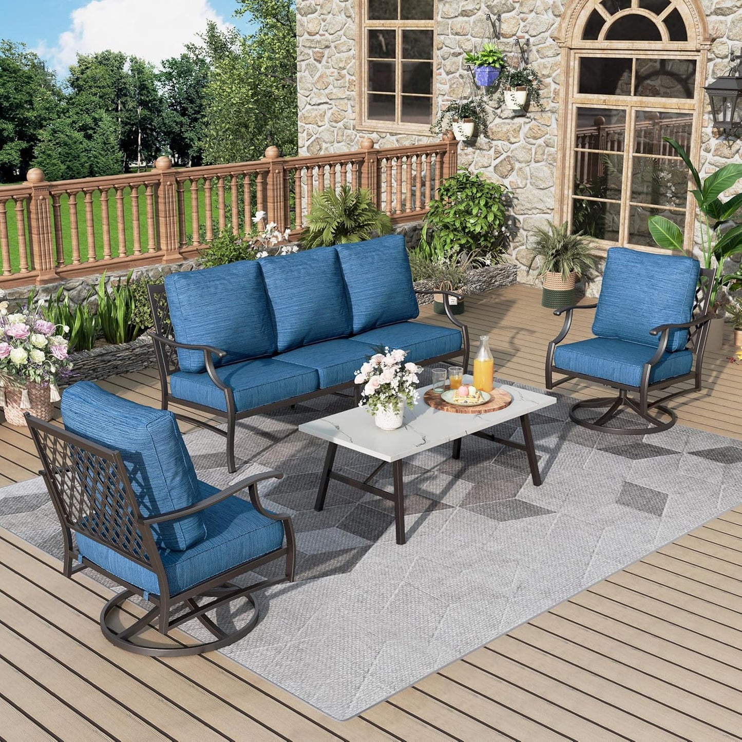 Patio Furniture Set 6 pcs, Outdoor Patio Furniture, 1 X 3-Seat Sofa, 2 X Single Chairs, 2 X Swivel Chairs, 1 X Coffee Table and 5.75" Extra Thick Cushion, Patio Conversation Set,Gemstone Blue