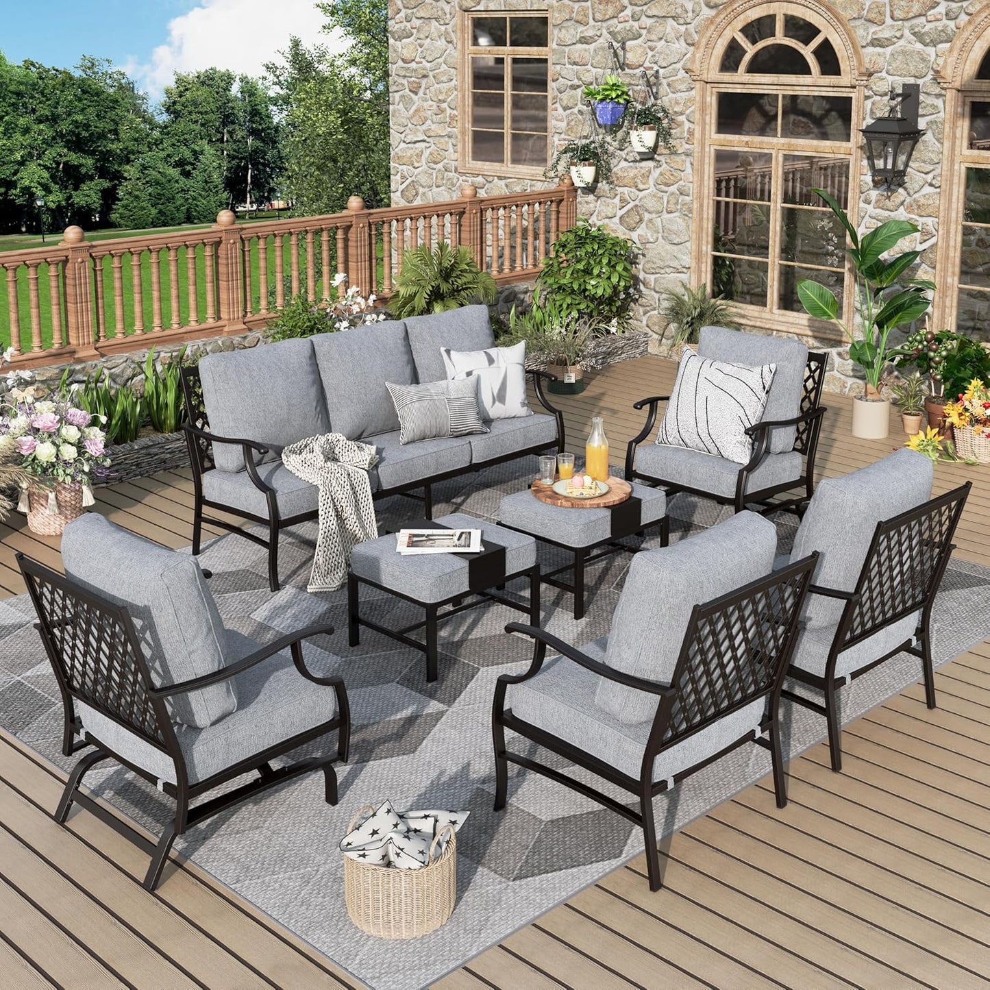 Patio Furniture Set 7 pcs, Outdoor Patio Furniture, 3-Seat Sofa, 2 Single Chairs, 2 Rocking Chairs, 2 Ottomans and 5.75" Extra Thick Cushion, Patio Conversation Set for Backyard Deck,Beige