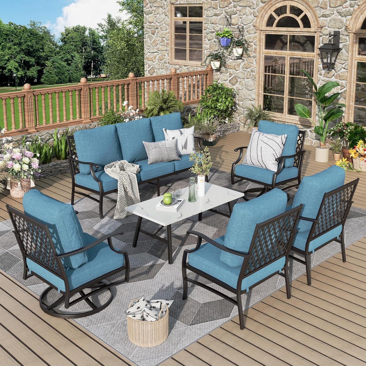 Patio Furniture Set 6 pcs, Outdoor Patio Furniture, 1 X 3-Seat Sofa, 2 X Single Chairs, 2 X Swivel Chairs, 1 X Coffee Table and 5.75" Extra Thick Cushion, Patio Conversation Set,Gemstone Blue