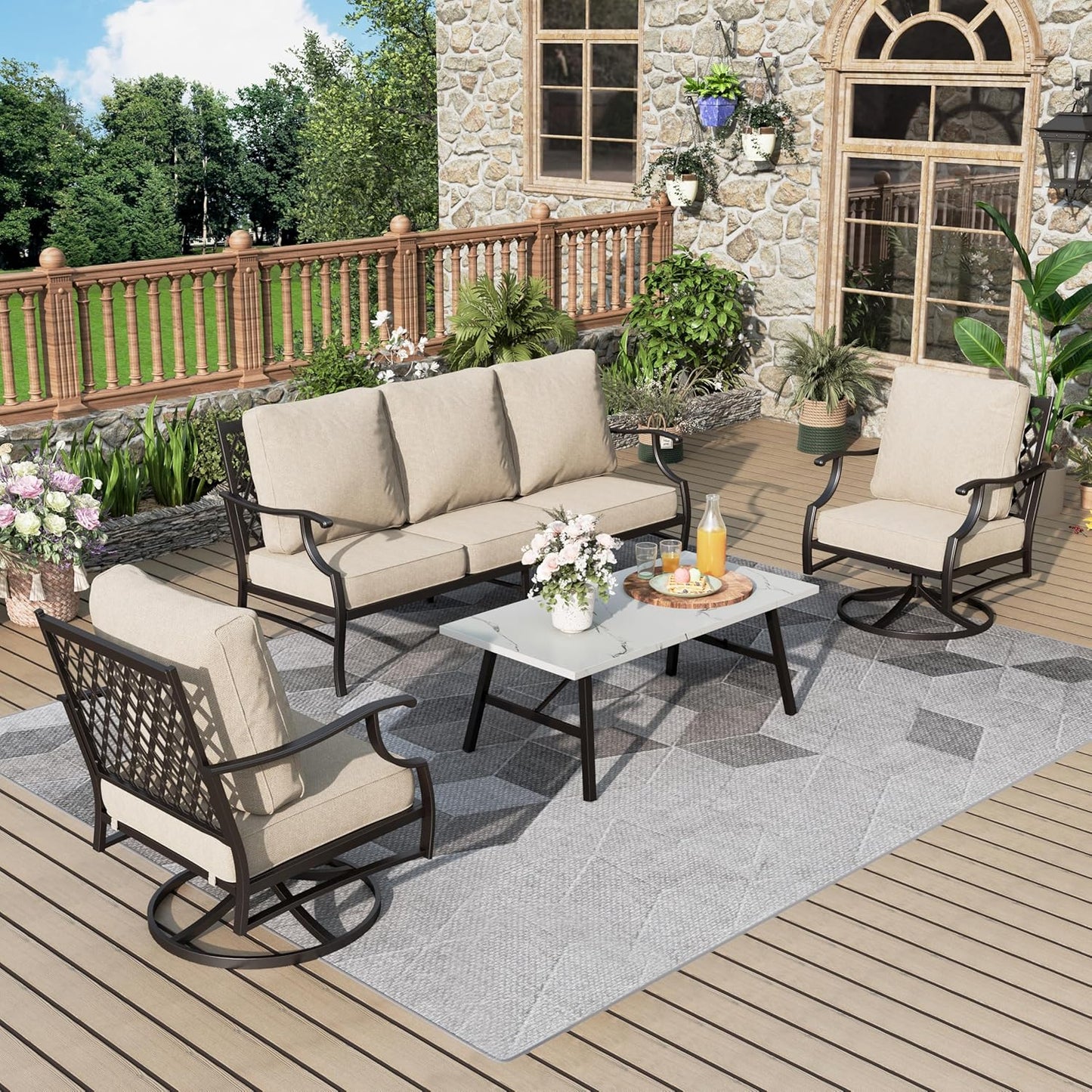 Patio Furniture Set 6 pcs, Outdoor Patio Furniture, 1 X 3-Seat Sofa, 2 X Single Chairs, 2 X Swivel Chairs, 1 X Coffee Table and 5.75" Extra Thick Cushion, Patio Conversation Set,Gemstone Blue