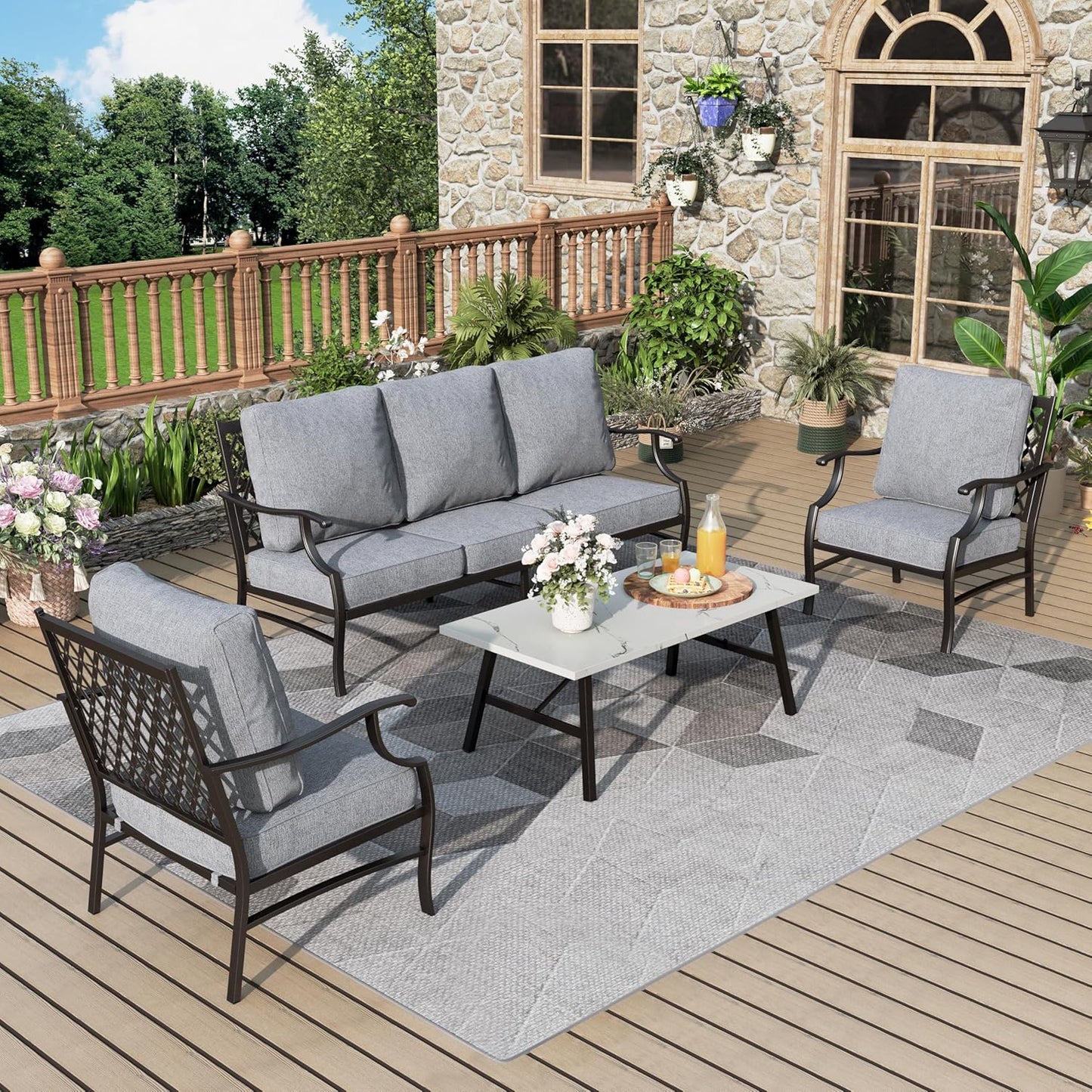 Patio Furniture Set 6 pcs, Outdoor Patio Furniture, 1 X 3-Seat Sofa, 2 X Single Chairs, 2 X Swivel Chairs, 1 X Coffee Table and 5.75" Extra Thick Cushion, Patio Conversation Set,Gemstone Blue