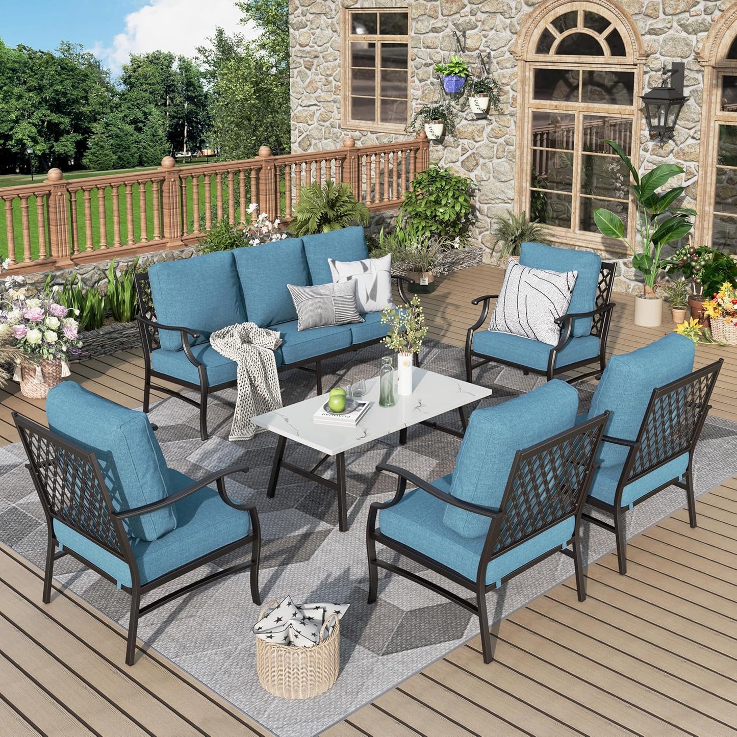 Patio Furniture Set 6 pcs, Outdoor Patio Furniture, 1 X 3-Seat Sofa, 2 X Single Chairs, 2 X Swivel Chairs, 1 X Coffee Table and 5.75" Extra Thick Cushion, Patio Conversation Set,Gemstone Blue