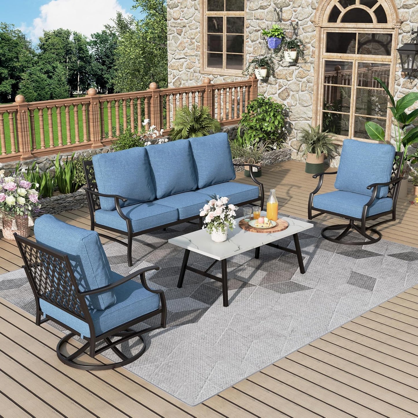 Patio Furniture Set 6 pcs, Outdoor Patio Furniture, 1 X 3-Seat Sofa, 2 X Single Chairs, 2 X Swivel Chairs, 1 X Coffee Table and 5.75" Extra Thick Cushion, Patio Conversation Set,Gemstone Blue