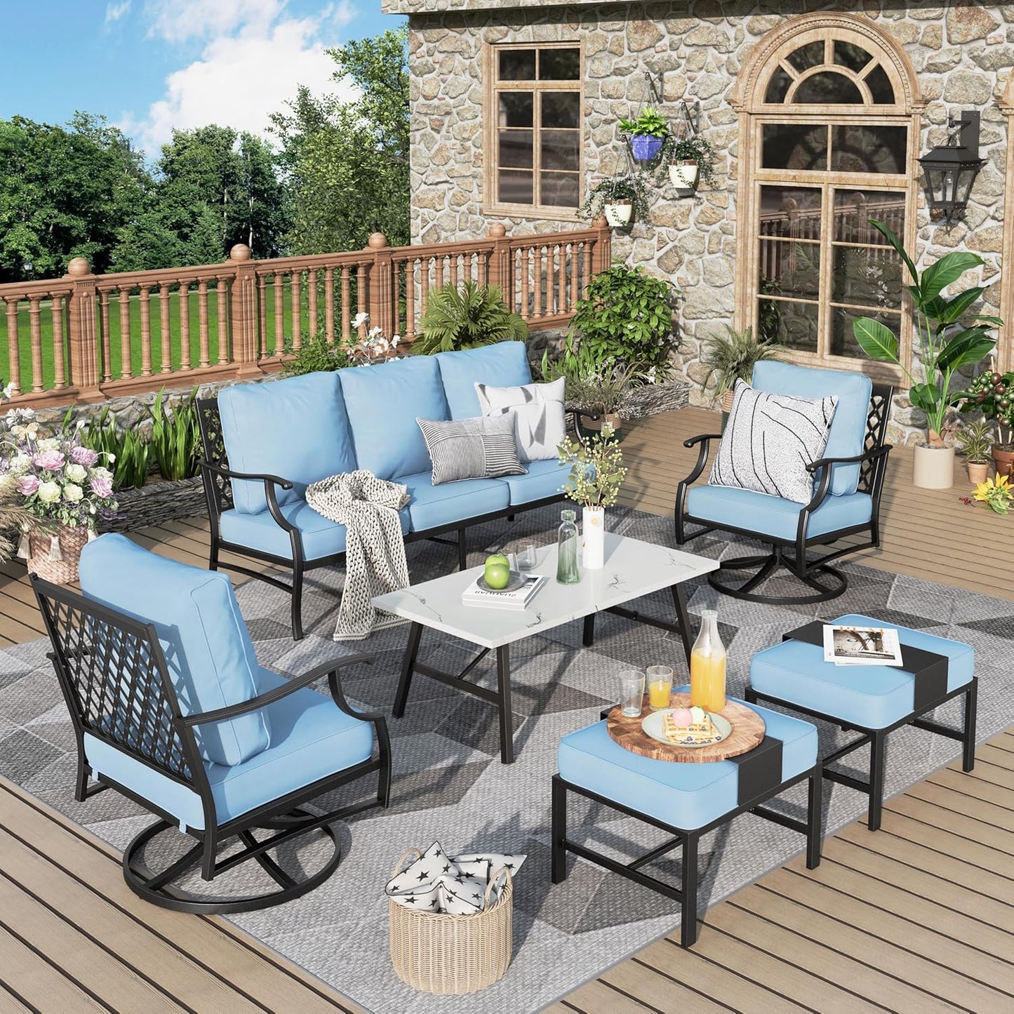 Patio Furniture Set 6 pcs, Outdoor Patio Furniture, 1 X 3-Seat Sofa, 2 X Single Chairs, 2 X Swivel Chairs, 1 X Coffee Table and 5.75" Extra Thick Cushion, Patio Conversation Set,Gemstone Blue