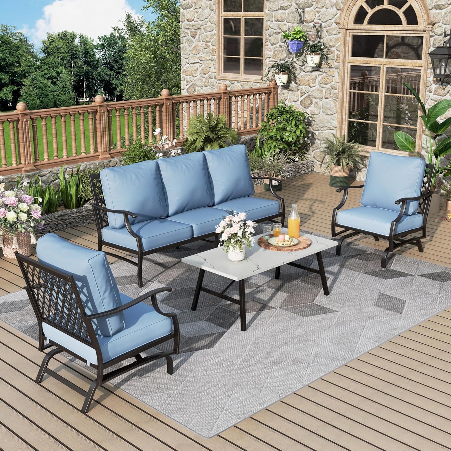 Patio Furniture Set 6 pcs, Outdoor Patio Furniture, 1 X 3-Seat Sofa, 2 X Single Chairs, 2 X Swivel Chairs, 1 X Coffee Table and 5.75" Extra Thick Cushion, Patio Conversation Set,Gemstone Blue