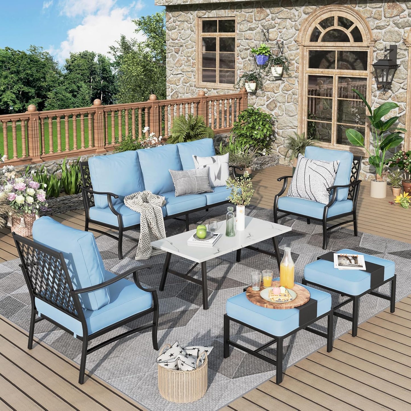 Patio Furniture Set 6 pcs, Outdoor Patio Furniture, 1 X 3-Seat Sofa, 2 X Single Chairs, 2 X Swivel Chairs, 1 X Coffee Table and 5.75" Extra Thick Cushion, Patio Conversation Set,Gemstone Blue