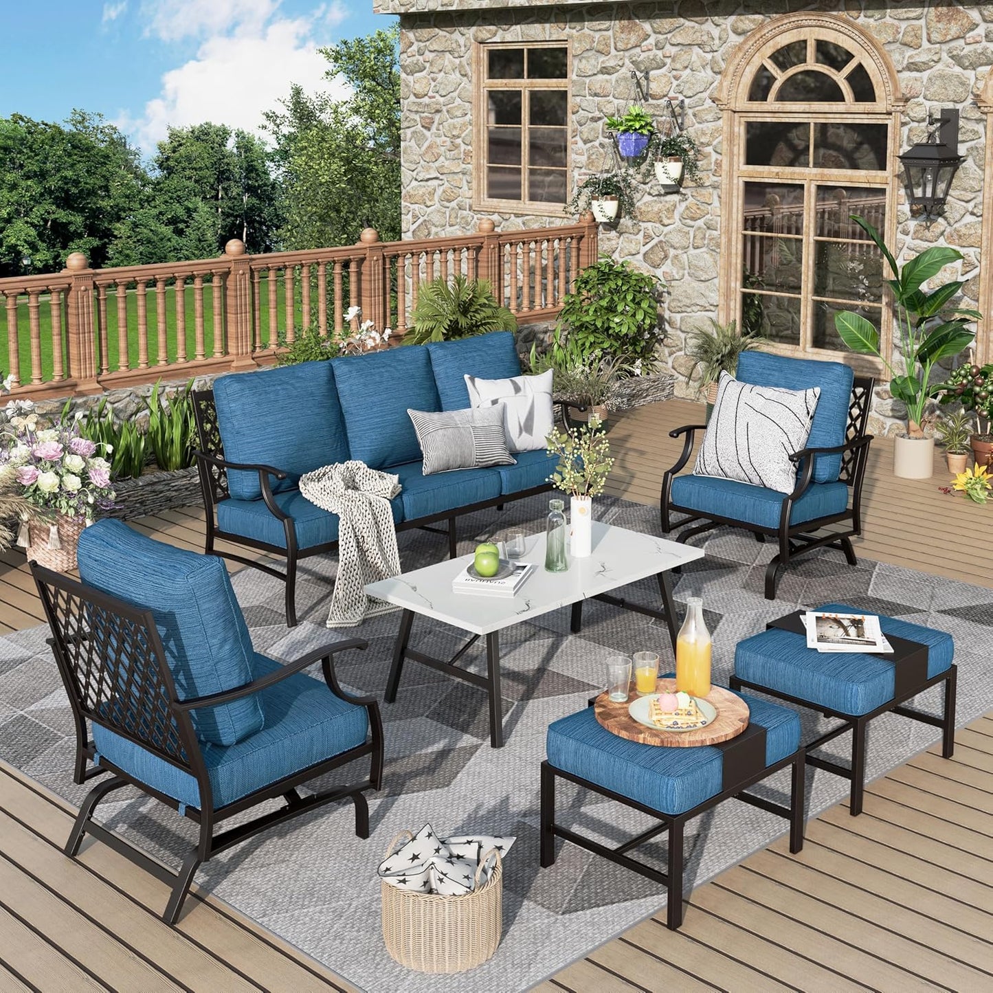Patio Furniture Set 6 pcs, Outdoor Patio Furniture, 1 X 3-Seat Sofa, 2 X Single Chairs, 2 X Swivel Chairs, 1 X Coffee Table and 5.75" Extra Thick Cushion, Patio Conversation Set,Gemstone Blue